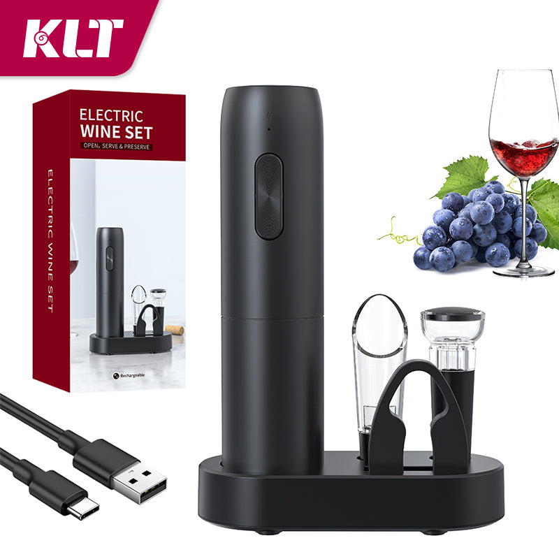 Wine opener electric 4-in-1 lithium battery rechargeable set with storage base.