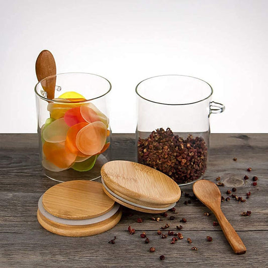 Glass jar set of 2, with wood lid and spoon 500 ml each