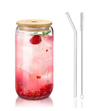Glass Jar with Bamboo Lid & Bent Glass Straw
